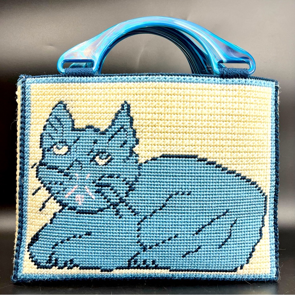Vintage Needlepoint Cat Tote Purse, Mid Century Kitsch Handbag